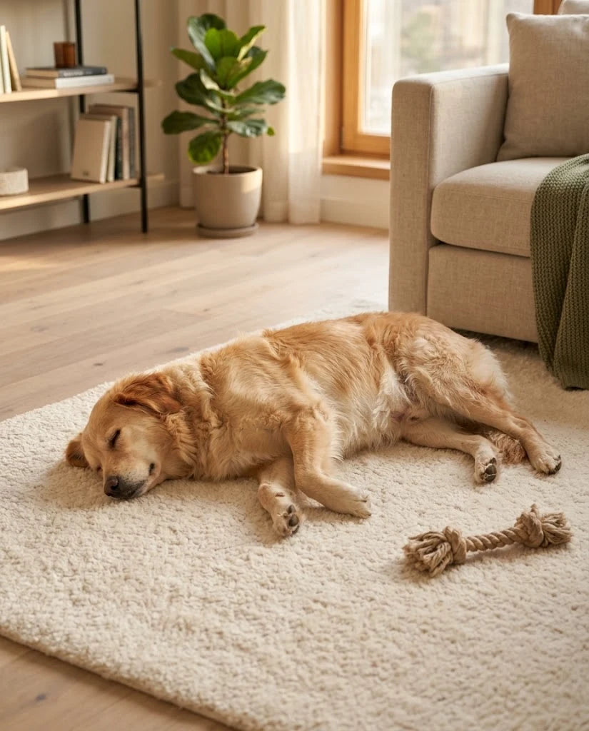 A calm dog resting at home