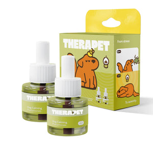 Two TheraPet dog calming pheromone refill bottles with white ribbed caps and packaging box featuring orange dog illustrations
