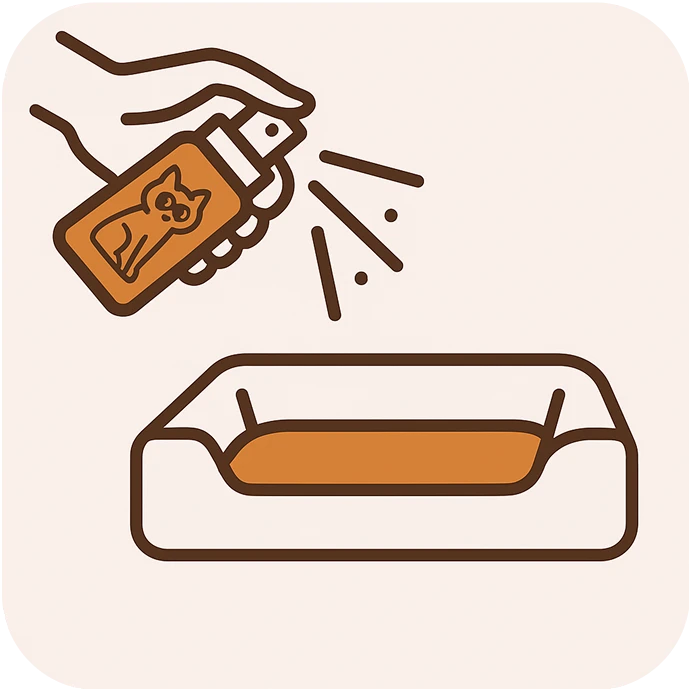 2. Spray 8–10 pumps on beds, crates, carriers, car seats or favourite spots—never directly on the cat. - TheraPetMD