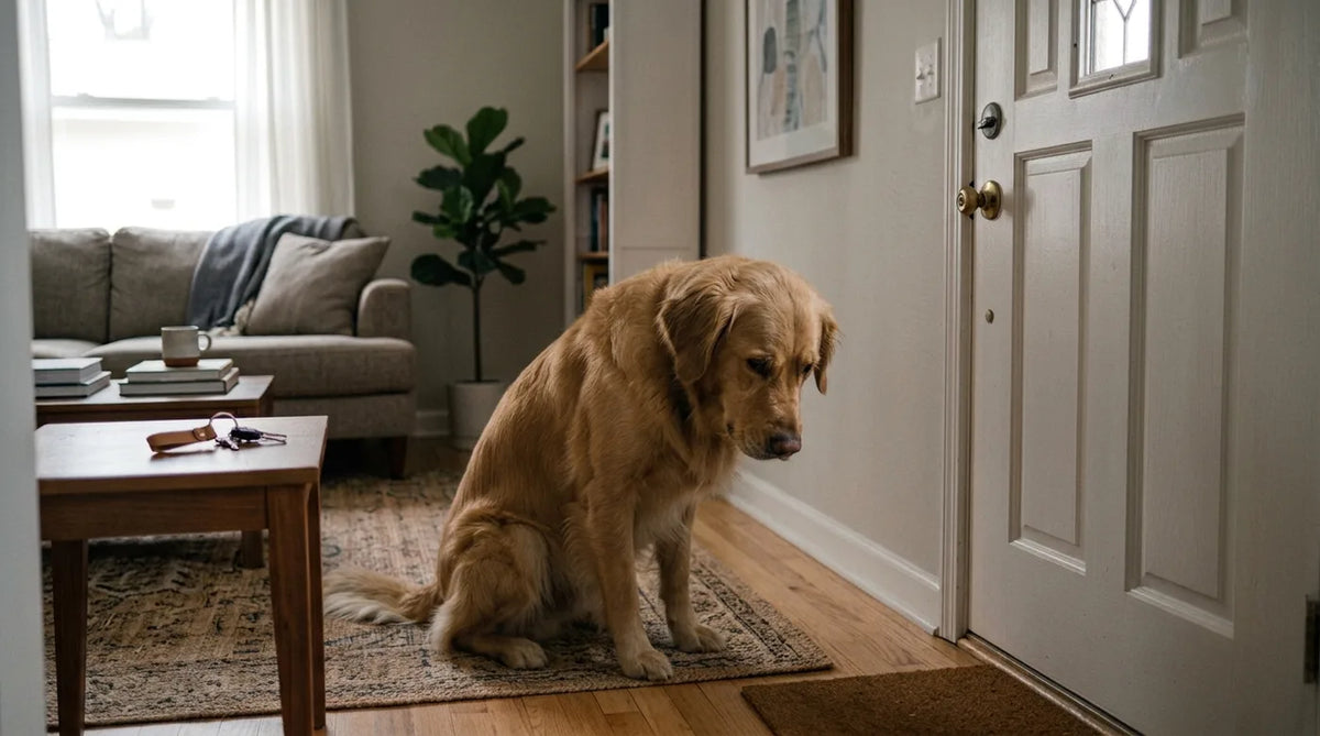 Two dogs resting calmly together on a light floor