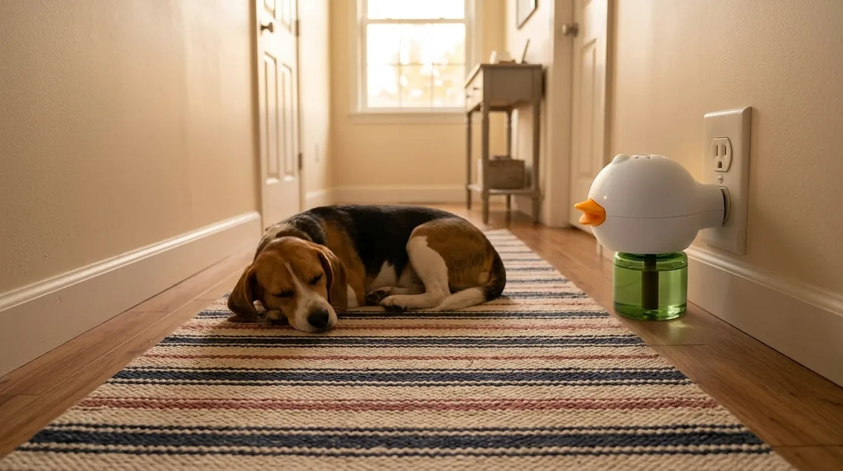 Biscuit asleep on the new rug next to the TheraPet diffuser
