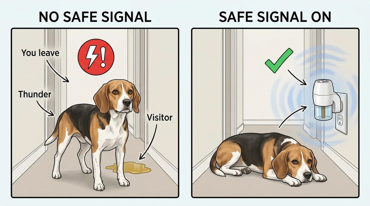 No safe signal: the dog is on alarm and pees. Safe signal on: the dog rests next to the diffuser