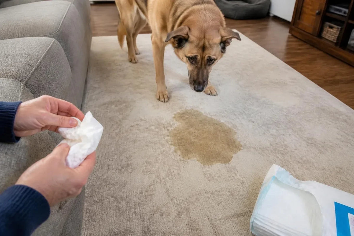 Rosie the shepherd mix next to a fresh pee stain on the beige rug while Linda holds paper towels, an open pack of pee pads in the corner
