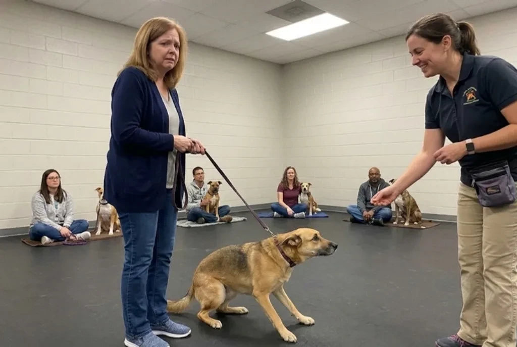 Rosie crouching low with her ears back at a group obedience class while the other dogs sit calmly and a trainer offers a treat