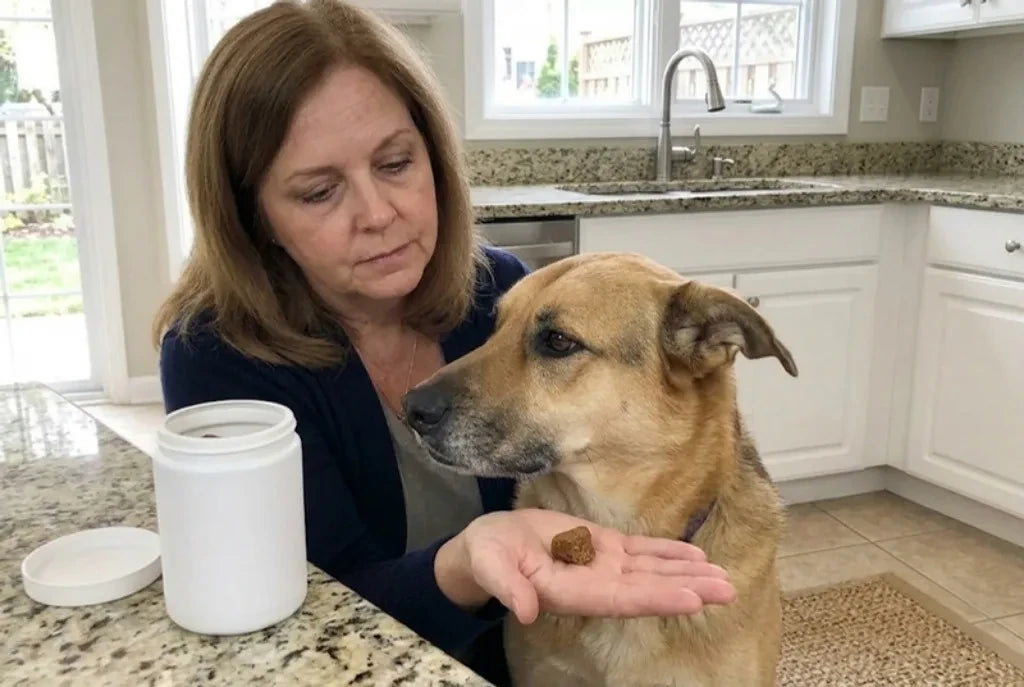 Linda holding out a soft chew in the kitchen while Rosie sniffs it and turns her head away, an open white tub on the counter