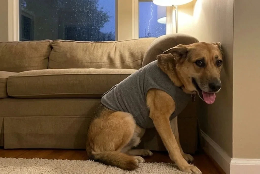 Rosie in a gray anxiety wrap pressed into the corner between the couch and the wall during a thunderstorm, panting