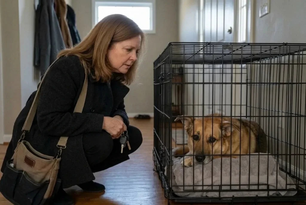 Linda in her coat with car keys crouching in front of a wire crate where Rosie lies with sad eyes