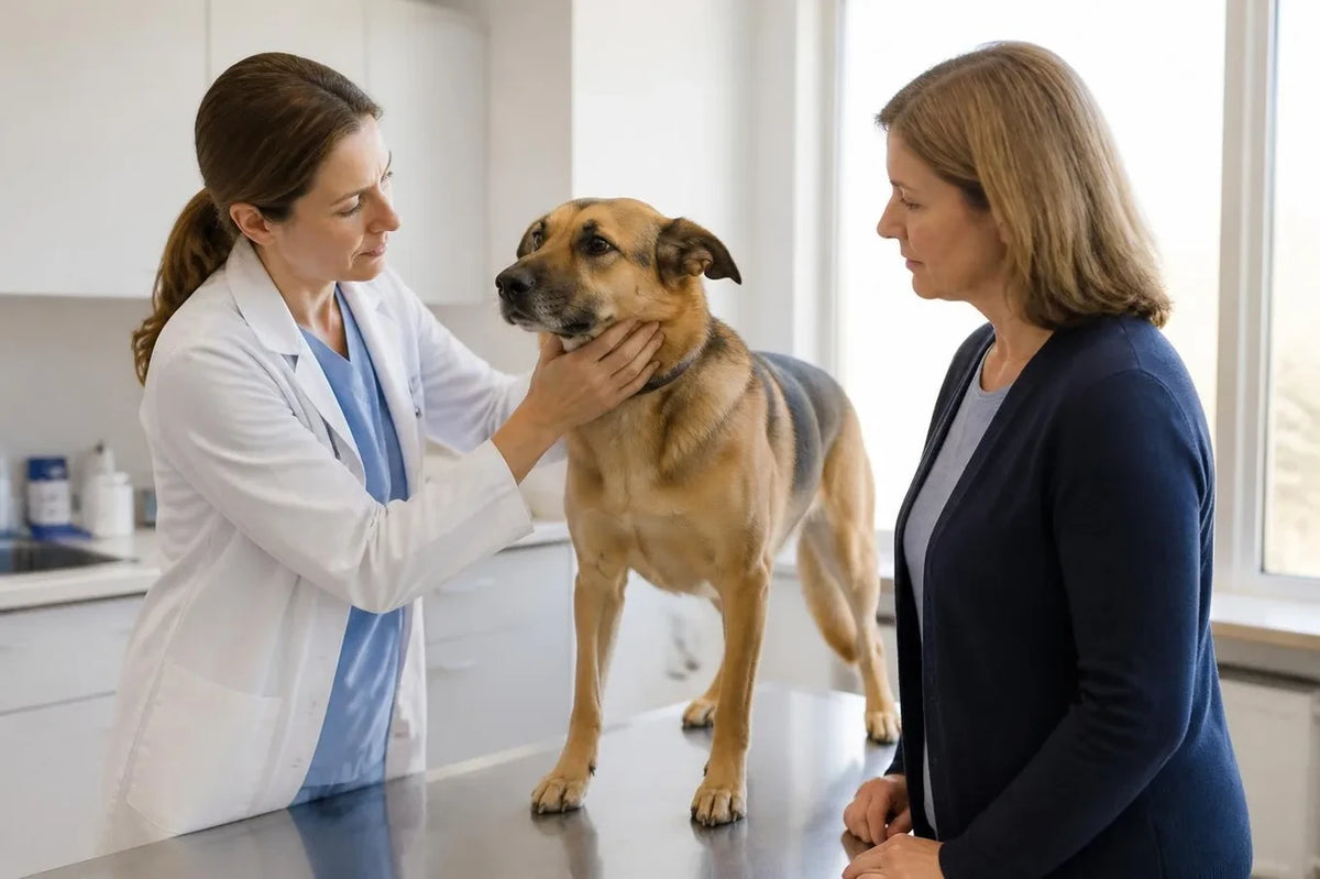 A veterinarian examining Rosie on an exam table while Linda listens