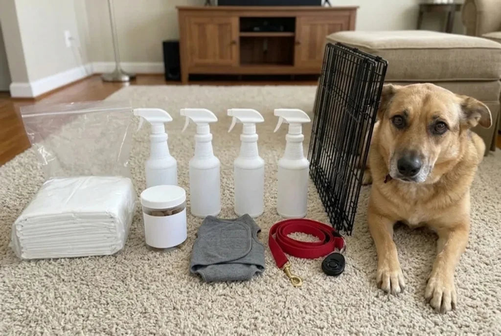 Pee pads, four spray bottles, a tub of calming chews, a gray anxiety wrap, a training leash and a wire crate lined up on a living room rug, with Rosie the shepherd mix lying next to them