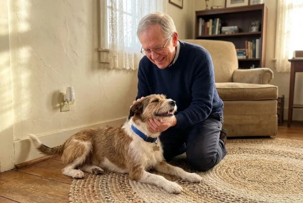 Linda's dad kneeling on a braided rug and petting his wire haired rescue dog Buster, a plug in diffuser in the outlet behind them
