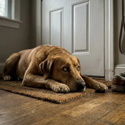 Dog waiting alone at the front door
